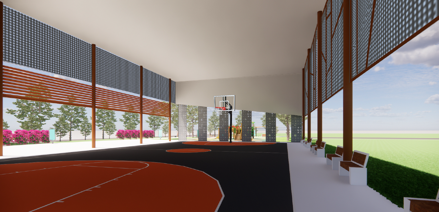 Artist’s impression of the sheltered basketball court and children’s adventure playground