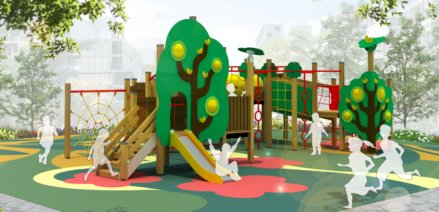 Artist’s impression of the sheltered basketball court and children’s adventure playground